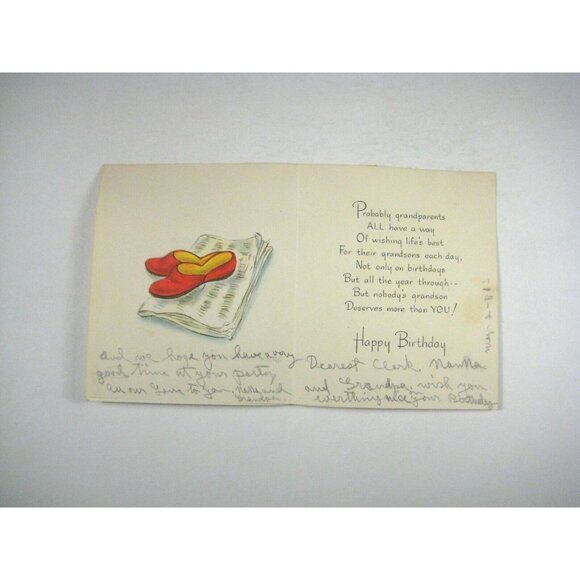 Hallmark Card Happy Birthday Day 1950 Used Flocked Slippers Grandson Dog - Picture 5 of 7
